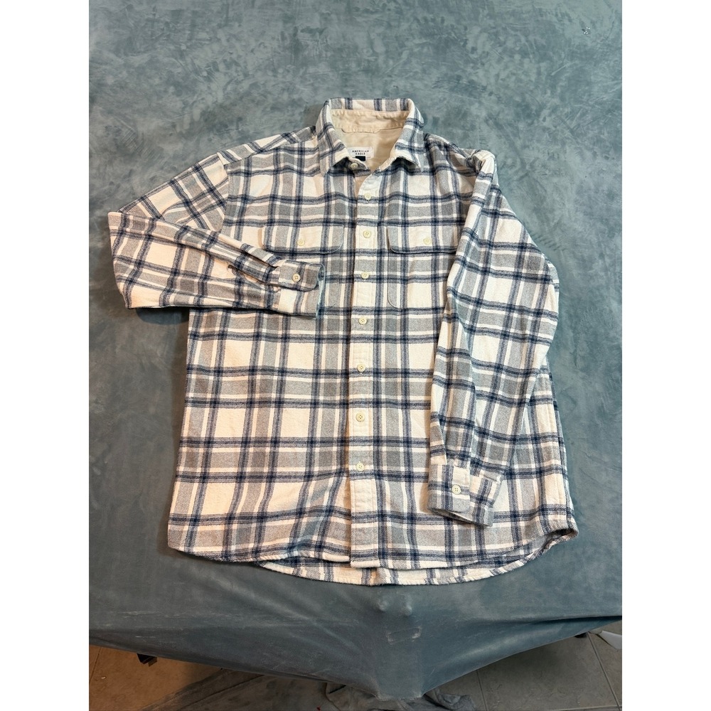 American Eagle Mens M Tall Vintage Blue White Plaid Flannel Button Down Shirt